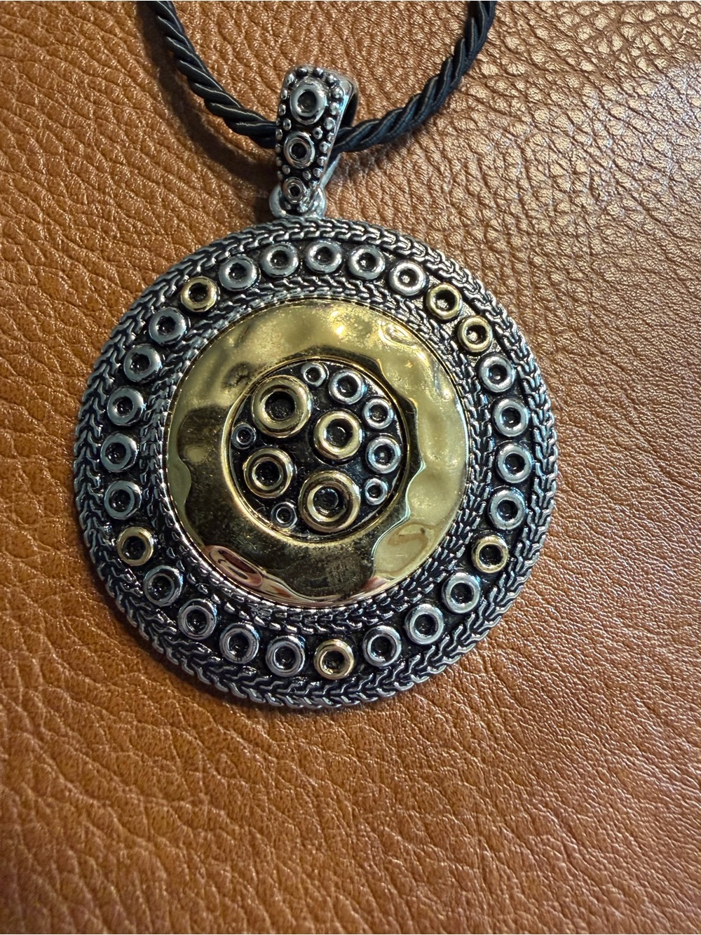 Lia Sophia Boho Two-Tone Circular Pendant Necklace - 30” Black Cord - Picture 2 of 4